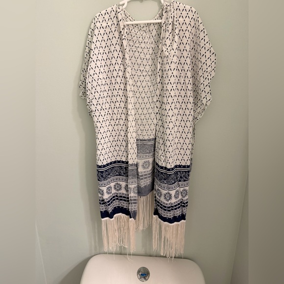 White and Navy Fringed Boho Throw Cover - Picture 2 of 6